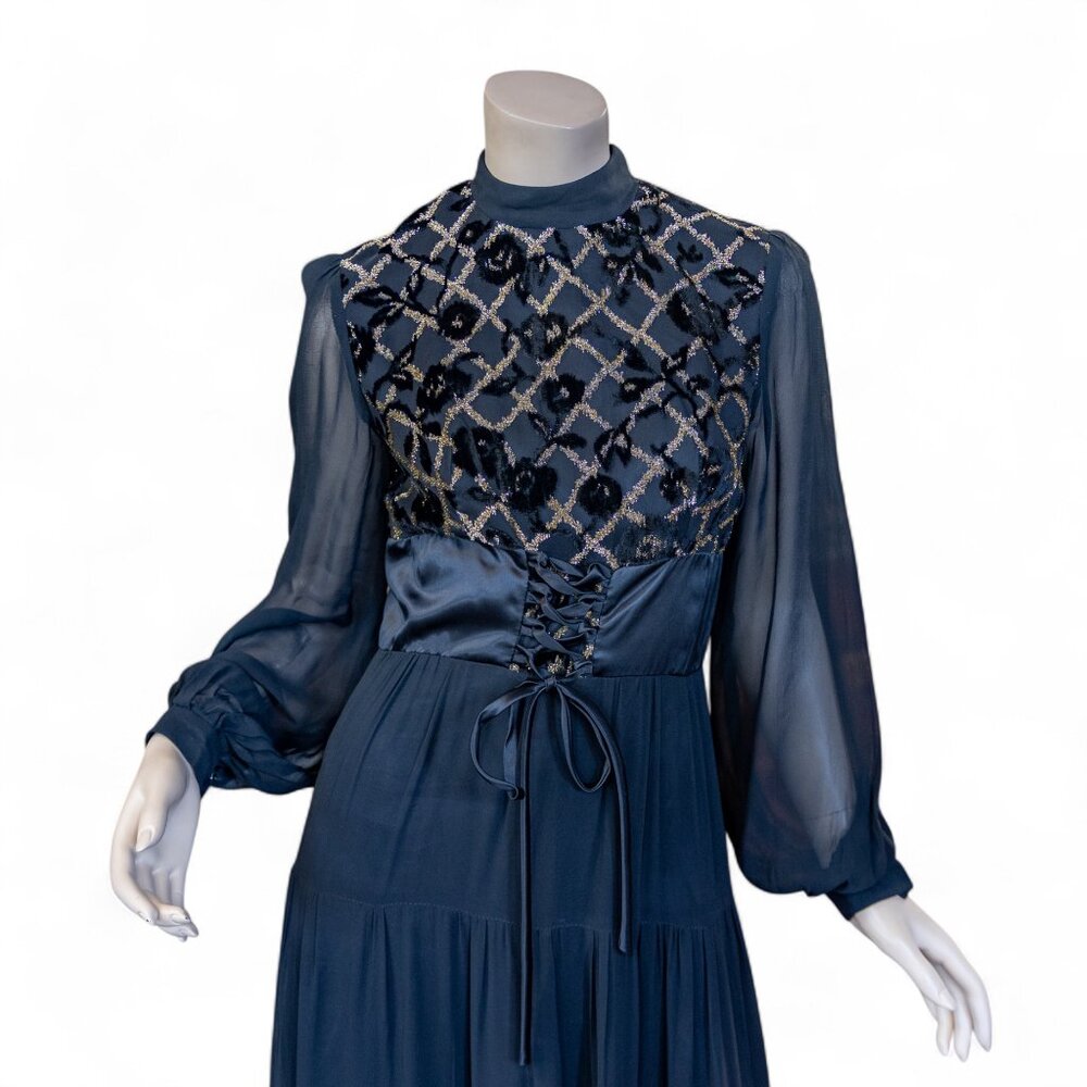 Vintage 70s Shubette of London Velvet Devore Prairie Gothic Maxi Dress * Medium - Picture 4 of 13